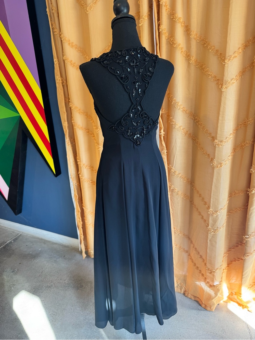 Vintage Jessica McClintock Gunne Sax Black Beaded Racer Black Dress